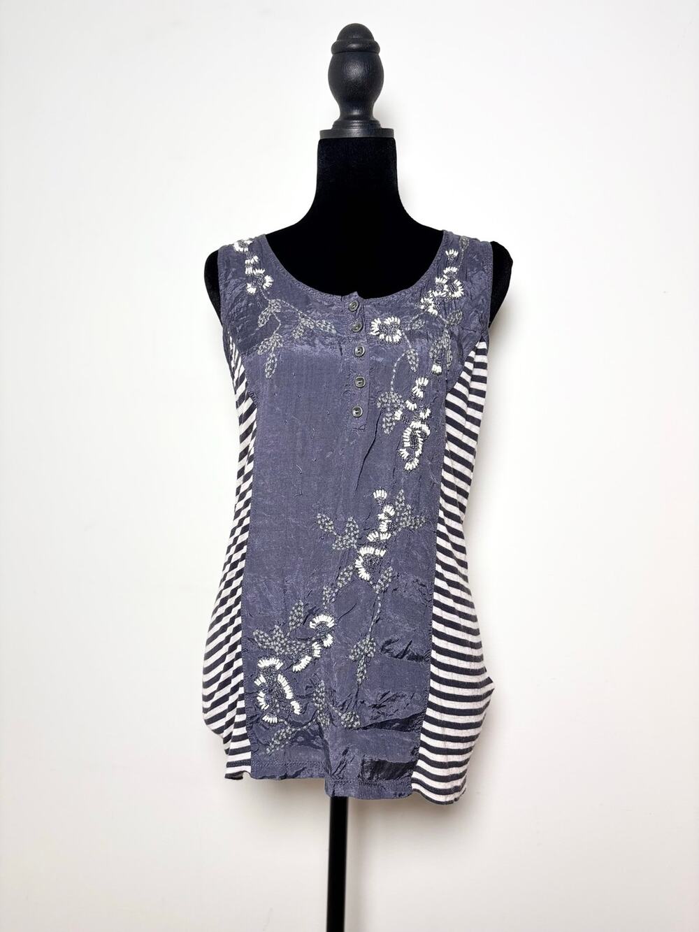 Deletta Grey Mixed Fabric Henley Tank Striped Panels Beaded Embroidered Size S